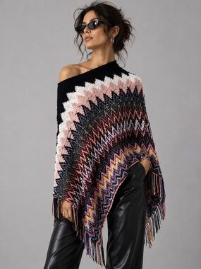 Boutique Boho Zigzag Knit Poncho Shawl Wrap Fringe Colorful Cozy Statement Piece